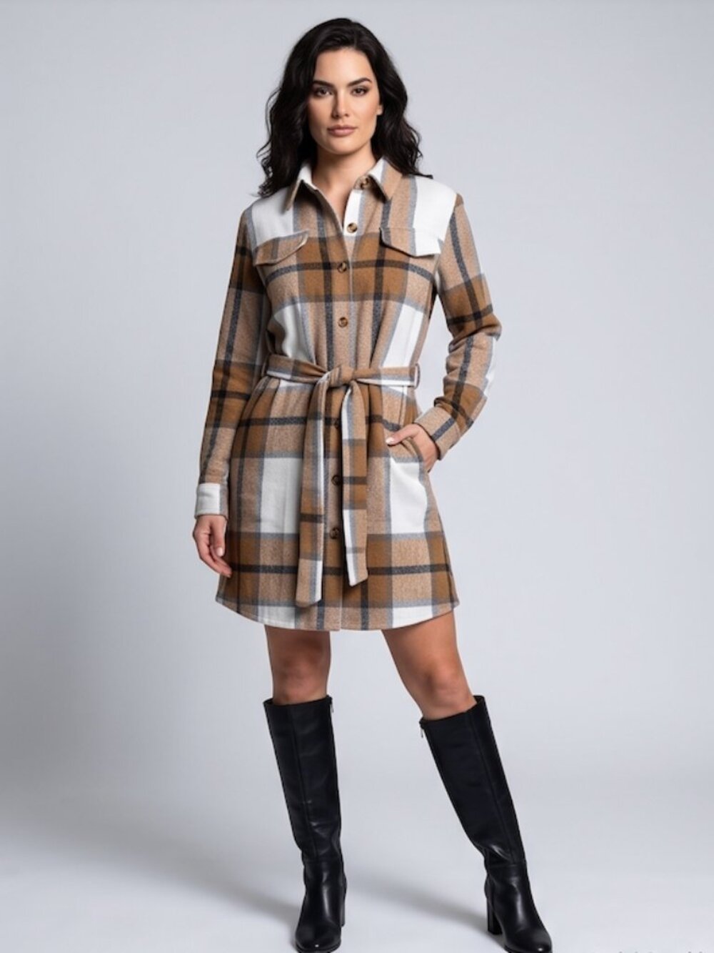 Plaid Single Breasted Belted Shirt Dress